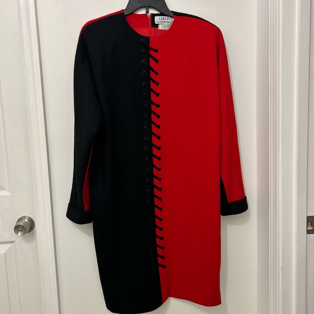 VTG Chetta B Bergdorf Goodman Red and Black Colorblock Dress Size 12